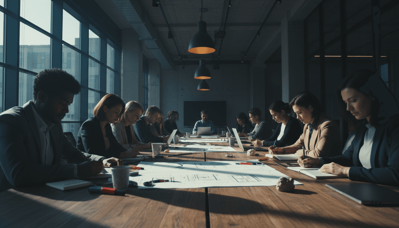 Diverse team collaborating around a table reviewing strategy documents in a modern office