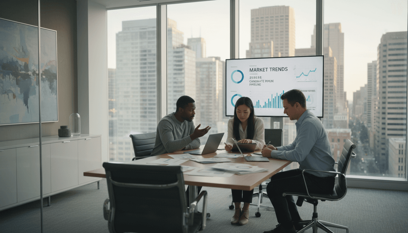 Diverse recruitment team collaborating at conference table reviewing candidate data and placement strategy in modern financial services office