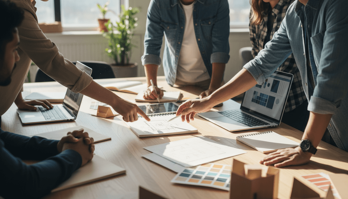 Professional team collaborating and strategizing together in a modern workspace