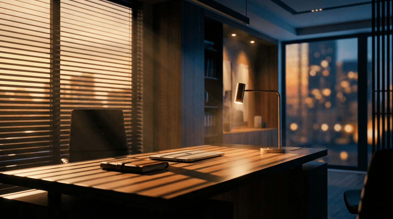Golden sunlight streaming through office window blinds, casting shadows on minimalist desk with closed laptop and journal.